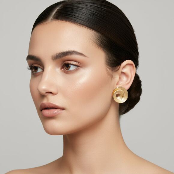 Clip on 1" comfort fit coil gold and tan swirl earrings - Picture 1 of 4